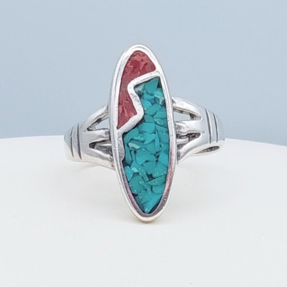 Vintage 925 Sterling Silver NAVAJO Turquoise & Coral Gemstone Ring